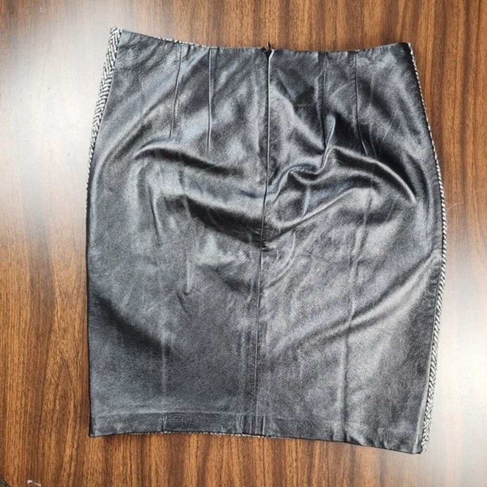 Vintage Laundry Shelli Segal Leather Wool Skirt 6 Herringbone Mixed Media 90s - Picture 11 of 15